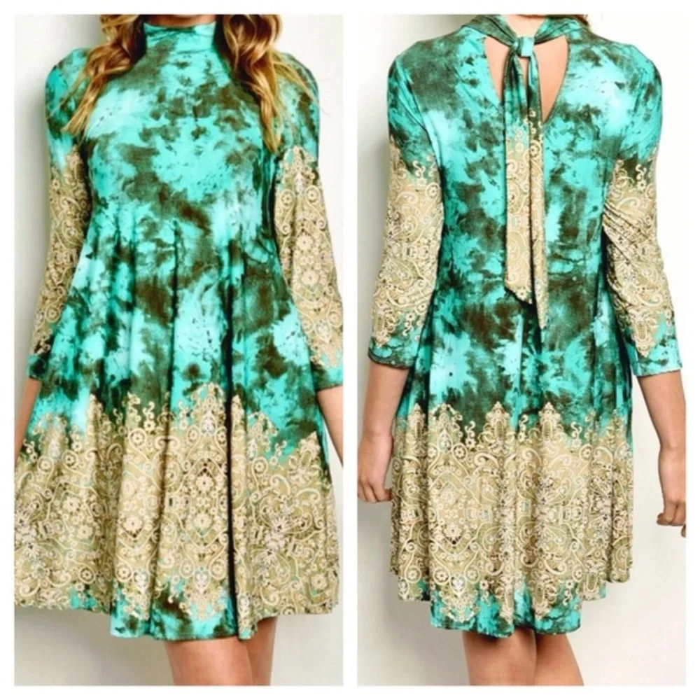 TURQUOISE AND TAN 3/4 LENGTH SLEEVES SLIP-TUNIC TANK NEW‎ - Picture 1 of 7